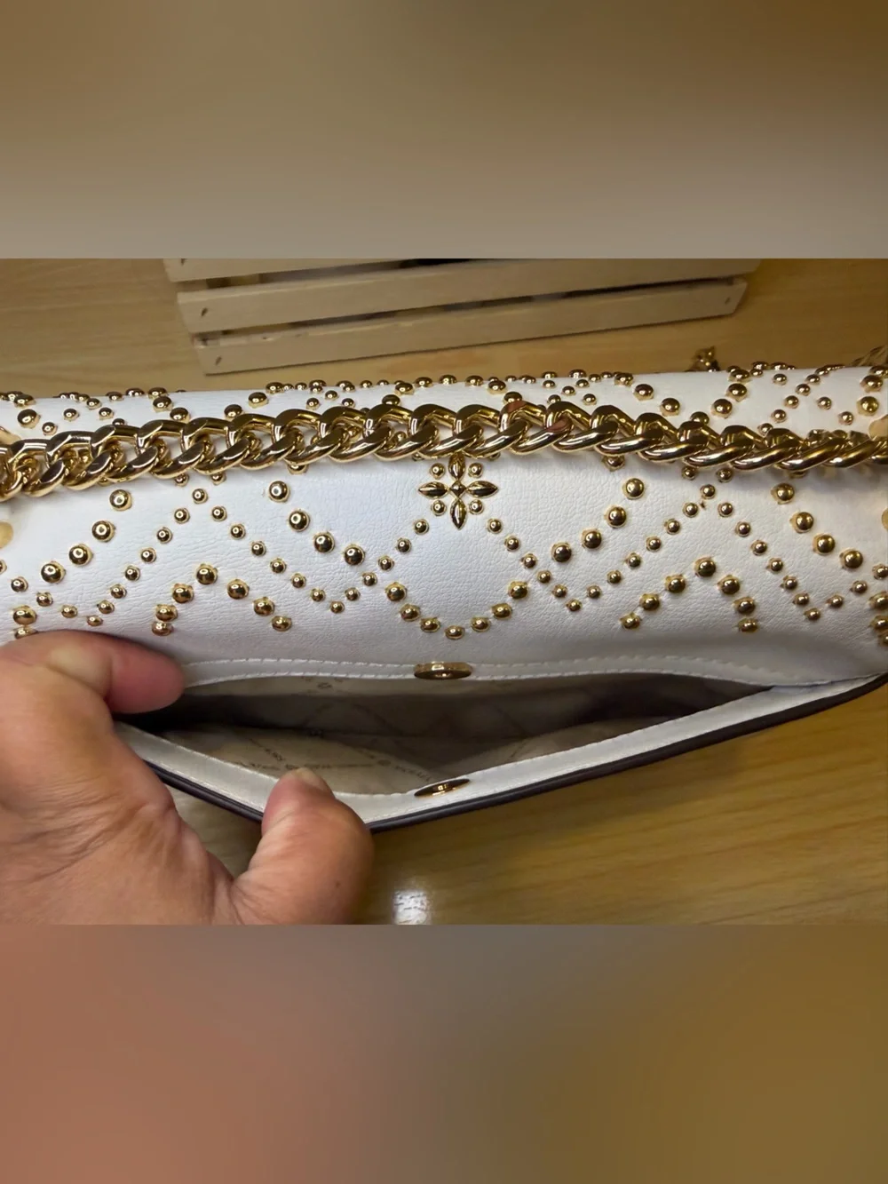 Michael Kors White Istanbul Mott Large Chain Crossbody